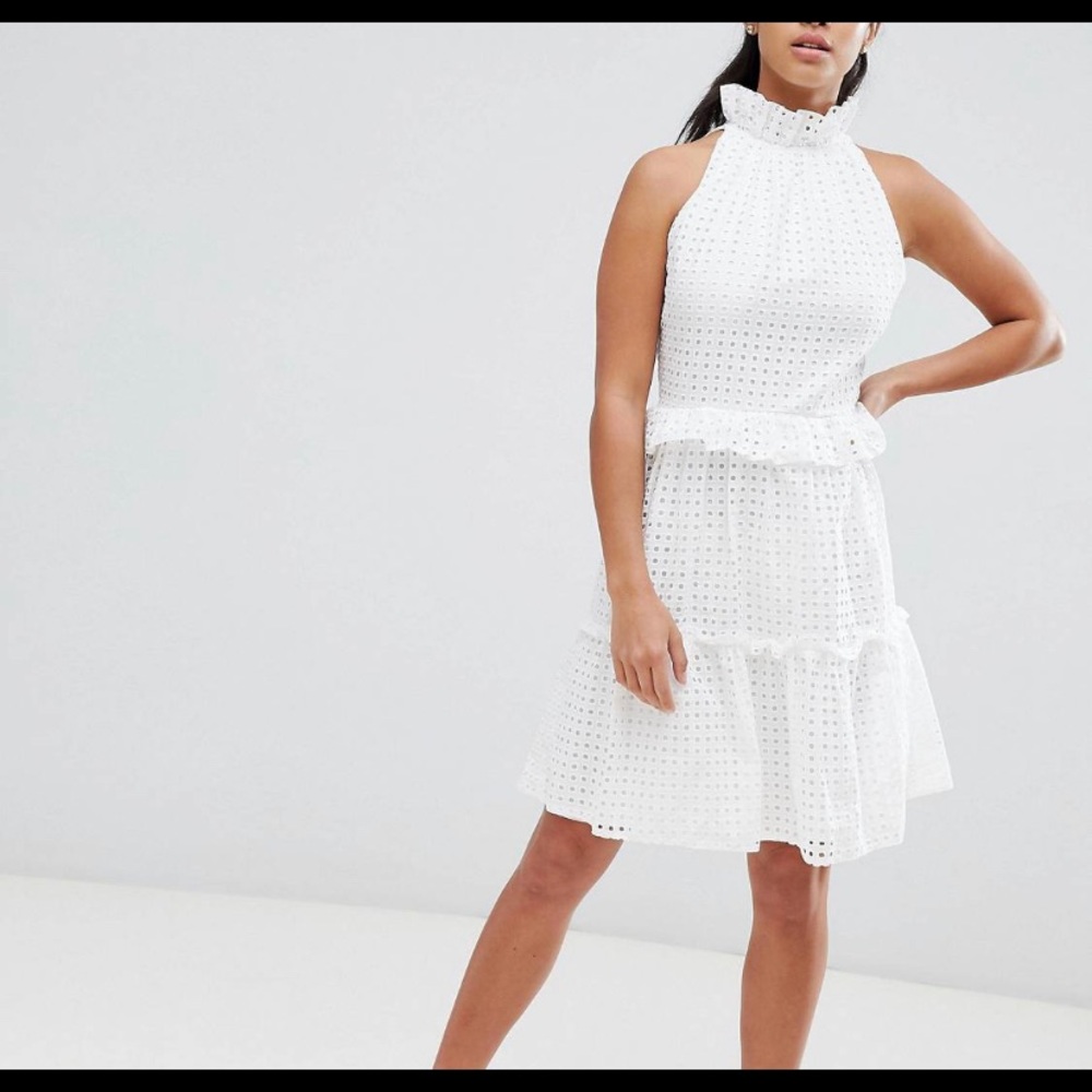 John Zack Petite High Neck cutwork lace layered skater dress